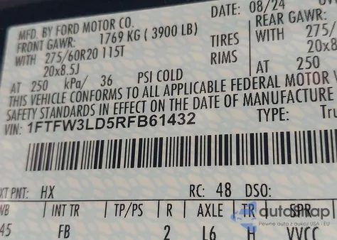 2024 Ford F-150 Xlt z USA, uszkodzony, nr VIN 1FTFW3LD5RFB61432